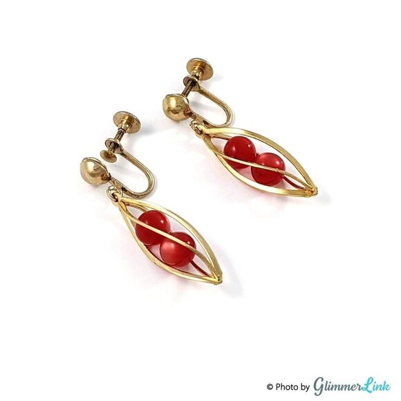 Vintage Twisted Caged Red Beads Screw Back Drop Earrings - Picture 4 of 7